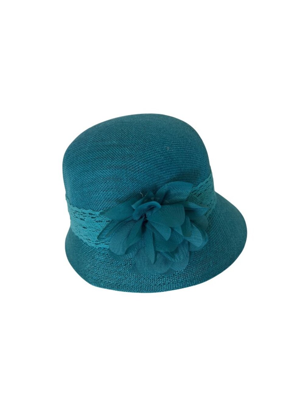Angela & William Teal Cloche Hat With Lace Band & Floral Accent